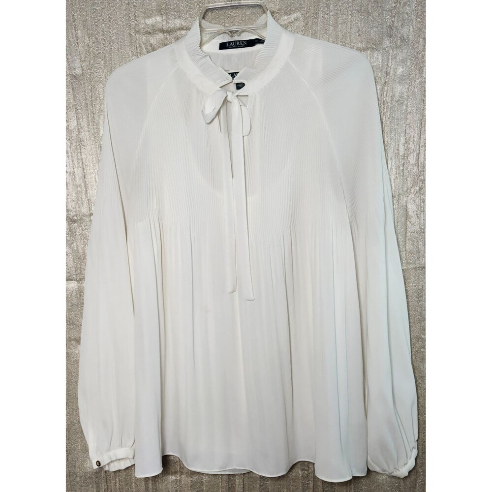 Lauren Ralph Lauren Ivory Georgette Tie Neck Blouse Balloon Sleeve Scarf Bow XL